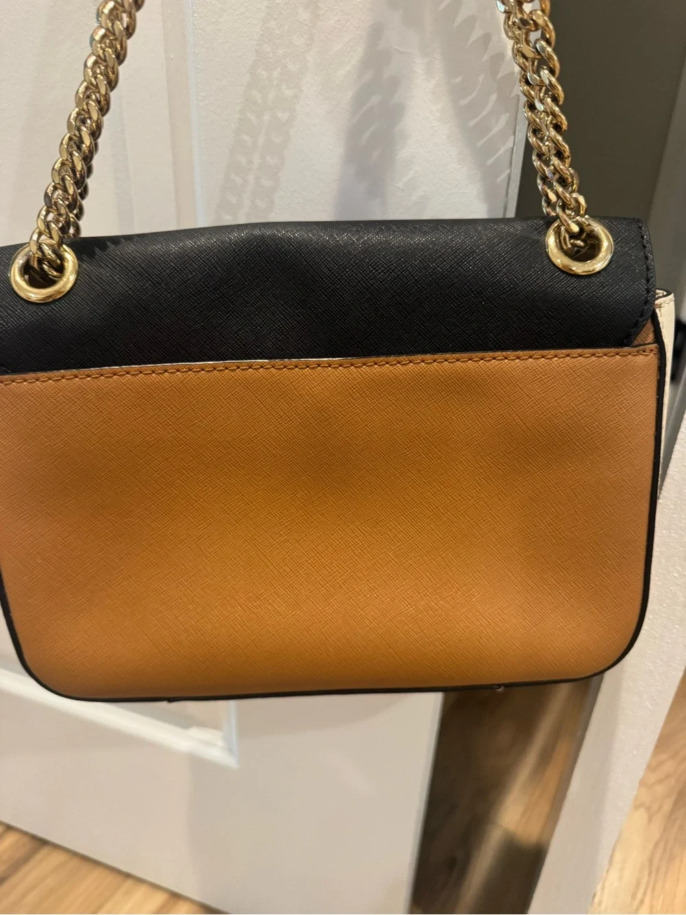 Michael Kors Black and Tan Chain Shoulder Bag with Gold Hardware